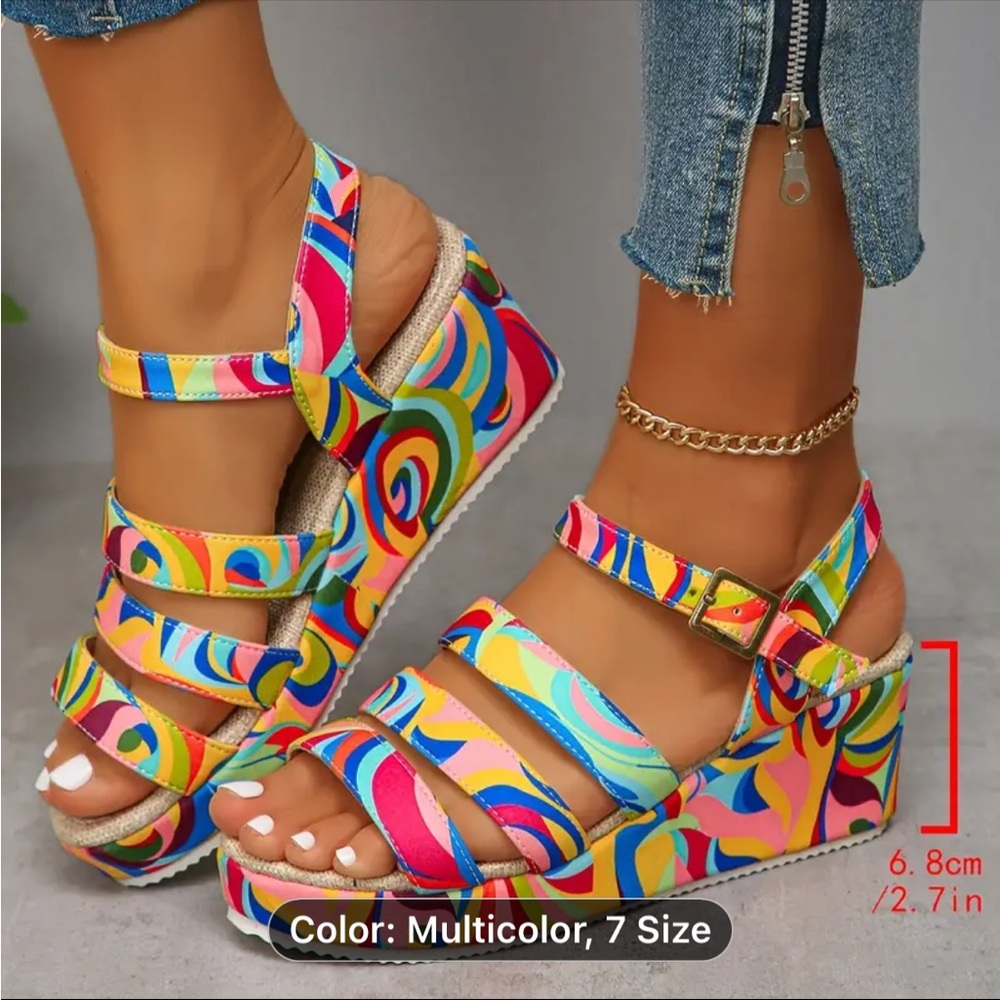 Multicolor Strappy Platform Wedge Sandals with Ankle Buckle